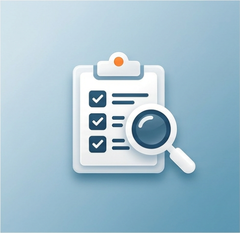 Icon: checklist with a magnifying glass – initial consultation