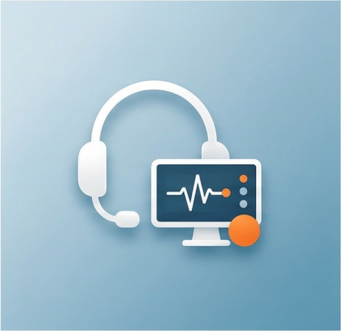 Icon: headset and monitor with a status graph – ongoing management and support